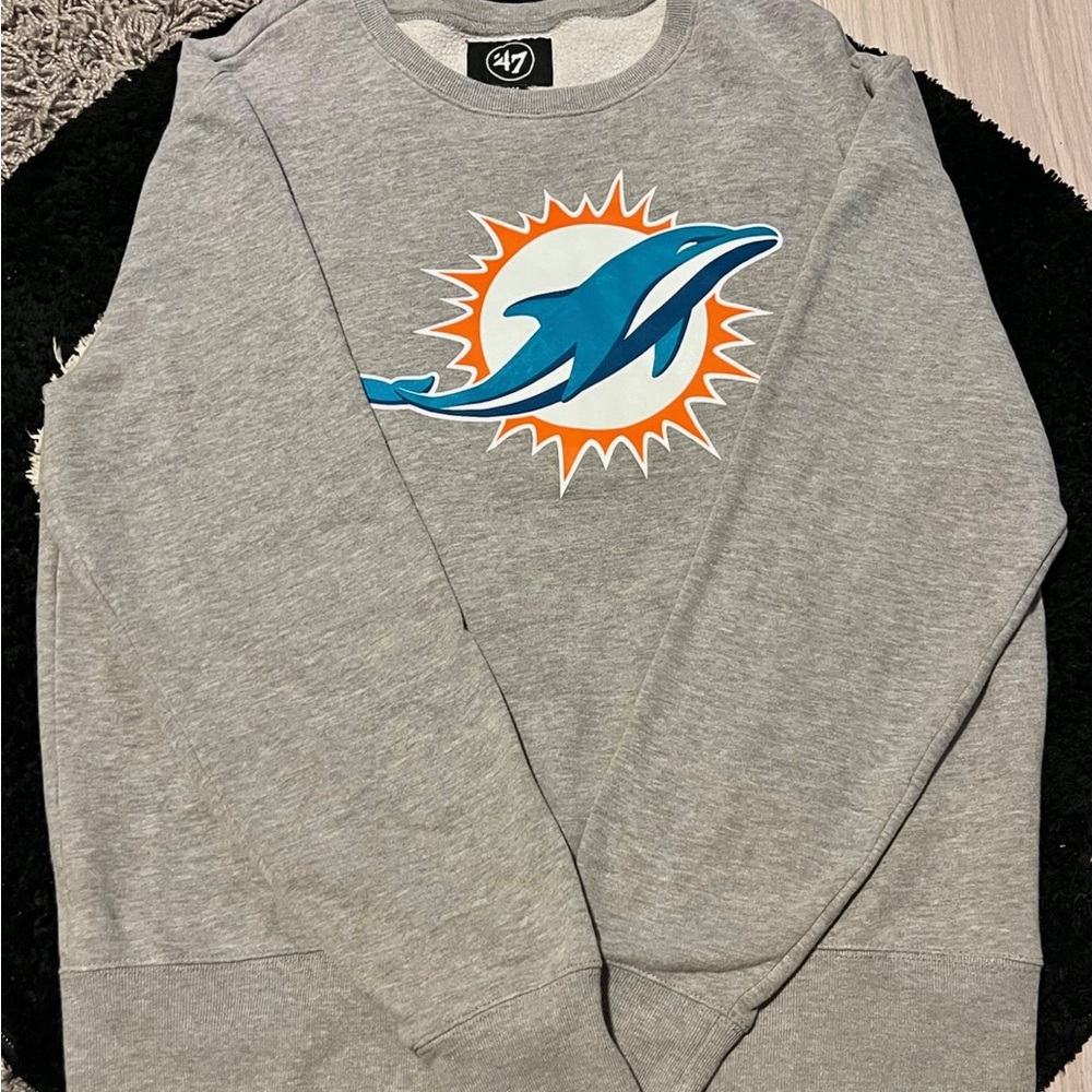 47 Brand Miami Dolphins Gray Crewneck with Blue and Orange Logo